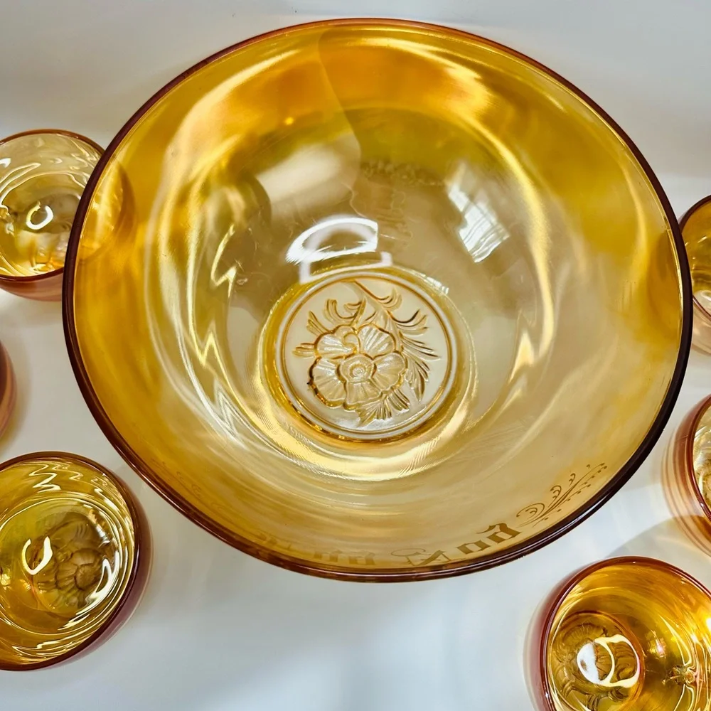 1950s Jeanette Glass Marigold Carnival Glass Egg Nog Punch Bowl and Cup Set